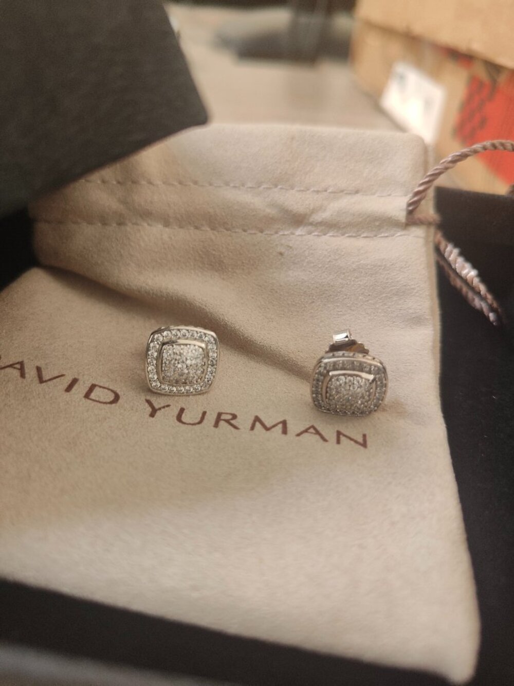 David Yurman Classic Silver Cable Edge Square Pave Stud Earrings - Picture 8 of 8